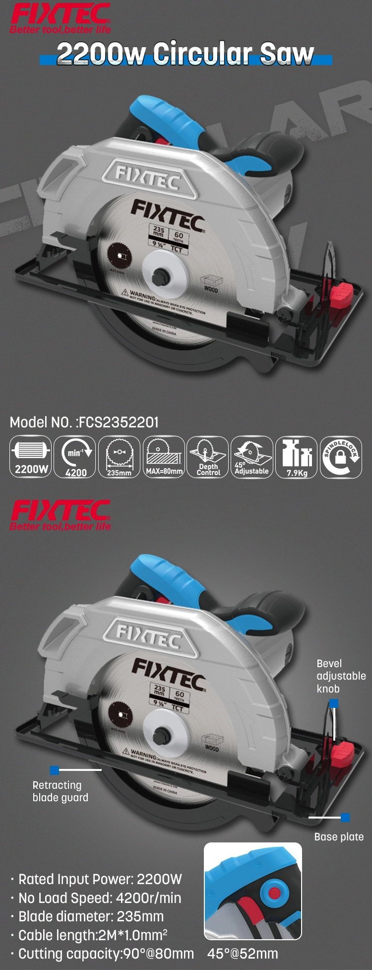 Fixtec High-Quality Good Price 2200W 235mm Portable Circular Saw